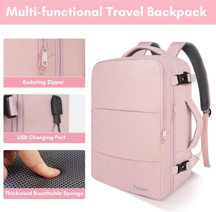 Travel Backpack for Women, Carry On Backpack with USB Charging Port & Shoe Pouch, TSA 15.6inch Laptop Backpack Flight Approved, College Nurse Bag Casual Daypack for Weekender Business Hiking, Pink - Image 8