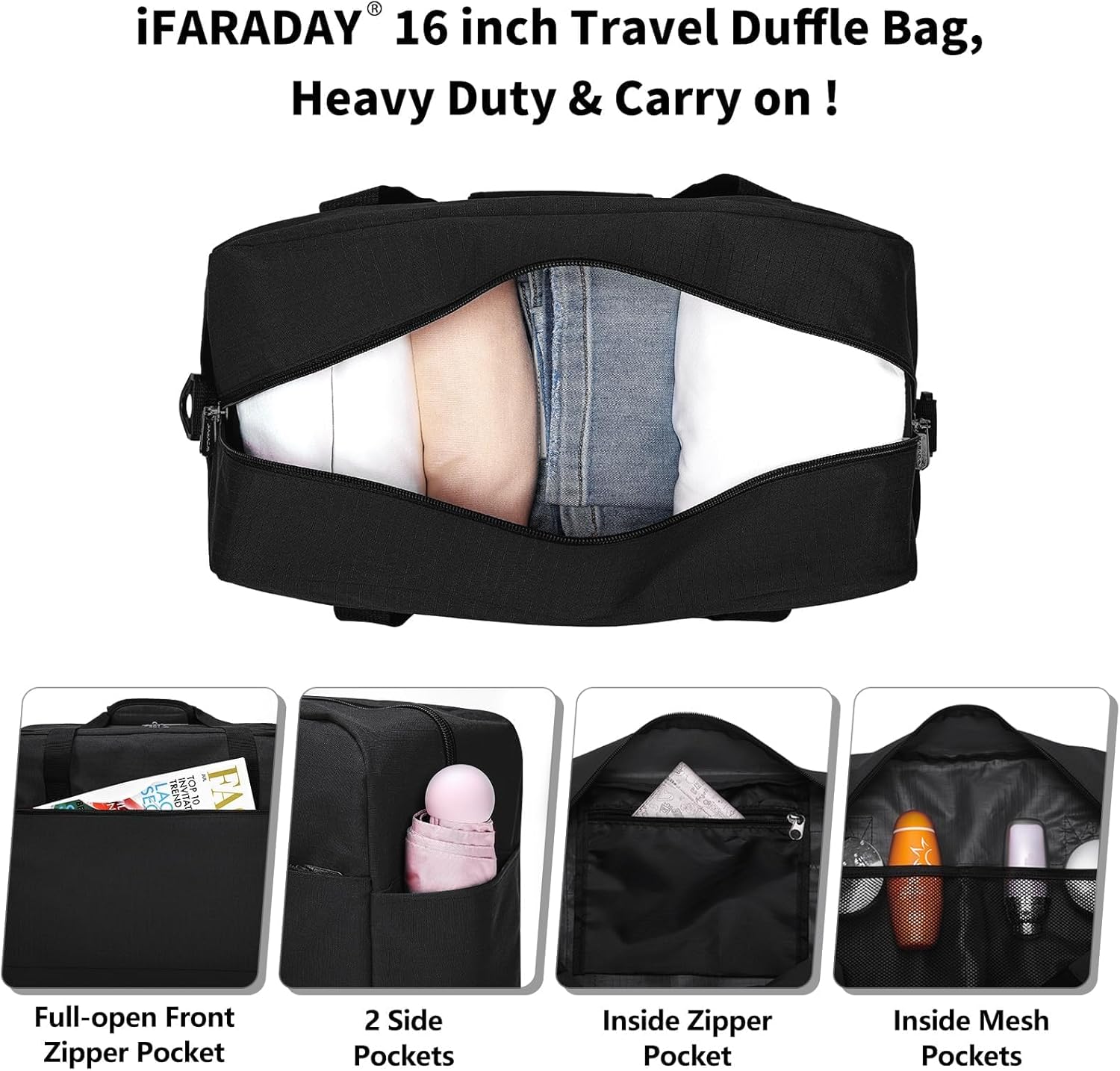 iFARADAY Carry on Duffle Bag for Travel - 16x7x12.5 Airline Approved Personal Item Travel Bag with Shoulder Strap for Men and Women (Black) - Image 6