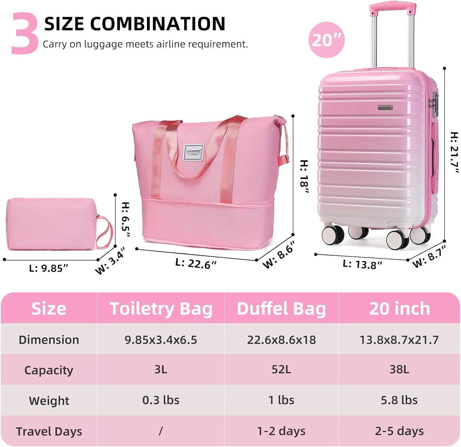 LARVENDER Luggage Sets 3 Piece, 20 Inch Carry on Luggage 22x14x9 Airline Approved Hardside PC+ABS Suitcase Set with Spinner Wheels TSA Lock, Lightweight Suitcase for Women, Peach Sparkling - Image 5