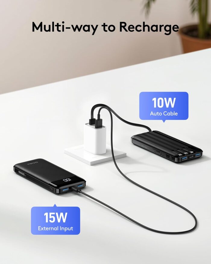 Orfeika Power Bank with Built in Cables, 10000mAh Portable Charger USB C in&Out, Battery Pack with LED Display Travel Essential for iPhone 16 15 14 13 12, Samsung S22 S21 Google LG iPad (Black) - Image 6