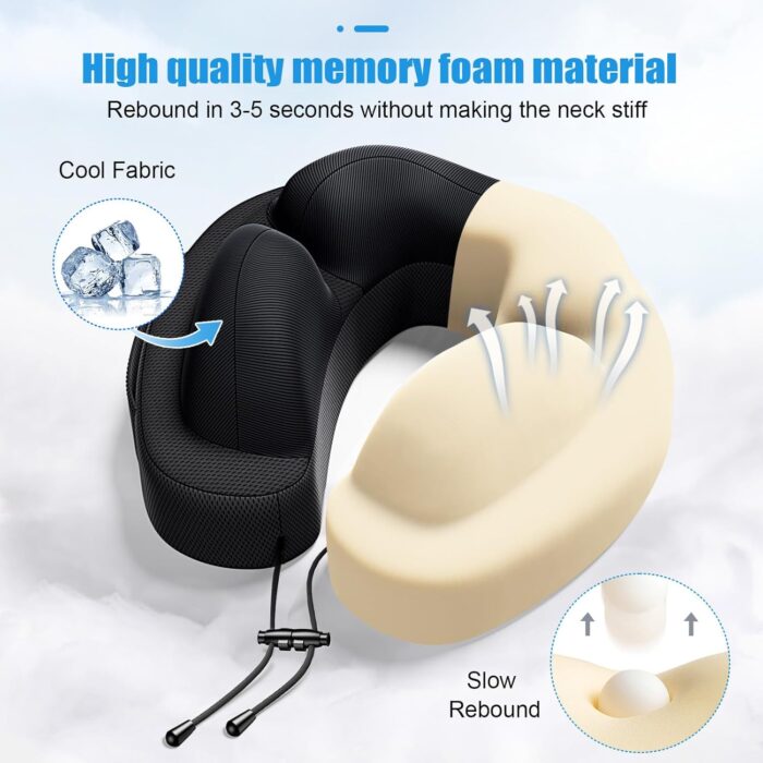 JINXIA Travel Pillow for Neck,Travel Neck Pillow Memory Foam for Plane Cars Trains Office,Breathable Fabric&Lightweight for Neck Perfect Support Pillow with Carry Bag,Earplugs-Black - Image 3