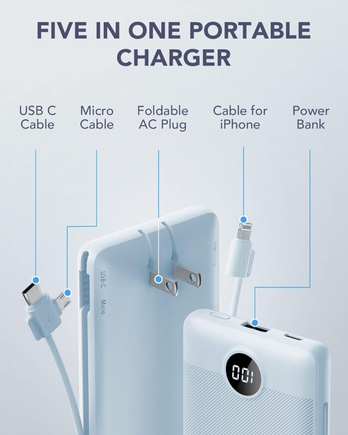 Power Bank Built-in Cables, VRURC 10000mAh Portable Charger USB C, Lightweight Charging Bank Built-in AC Plug, Replacement Battery Compatible with All Kinds of Cellphones, Tablet etc-Blue - Image 2