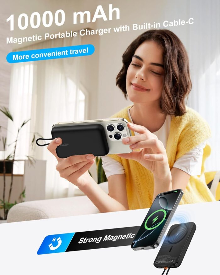 AsperX for Magsafe Power Bank, 10000mAh Wireless Magnetic Power Bank, 22.5W Wire Fast Charging Portable Charger with USB C Cable, LCD Display for Magsafe Battery Pack for iPhone 16/15/14/13/12 - Image 2