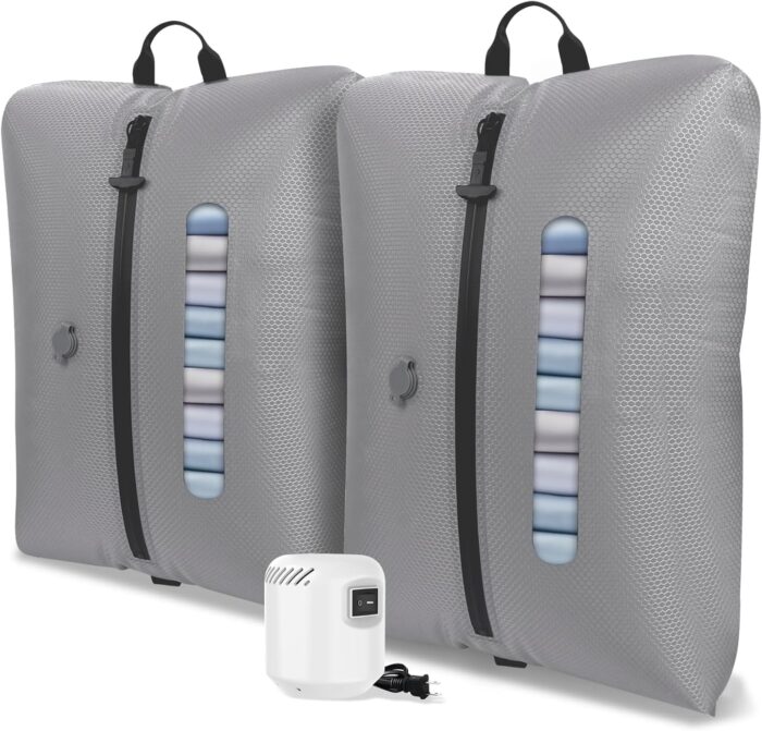 2025 Vacuum Bags for Travel with See-through Window 5KPa Pump 420D Nylon Vacuum Sealer Bags for Clothes Travel IP67 Reusable Packing Organizers for Luggage, Backpack, Suitcase Grey 2PC+Pump
