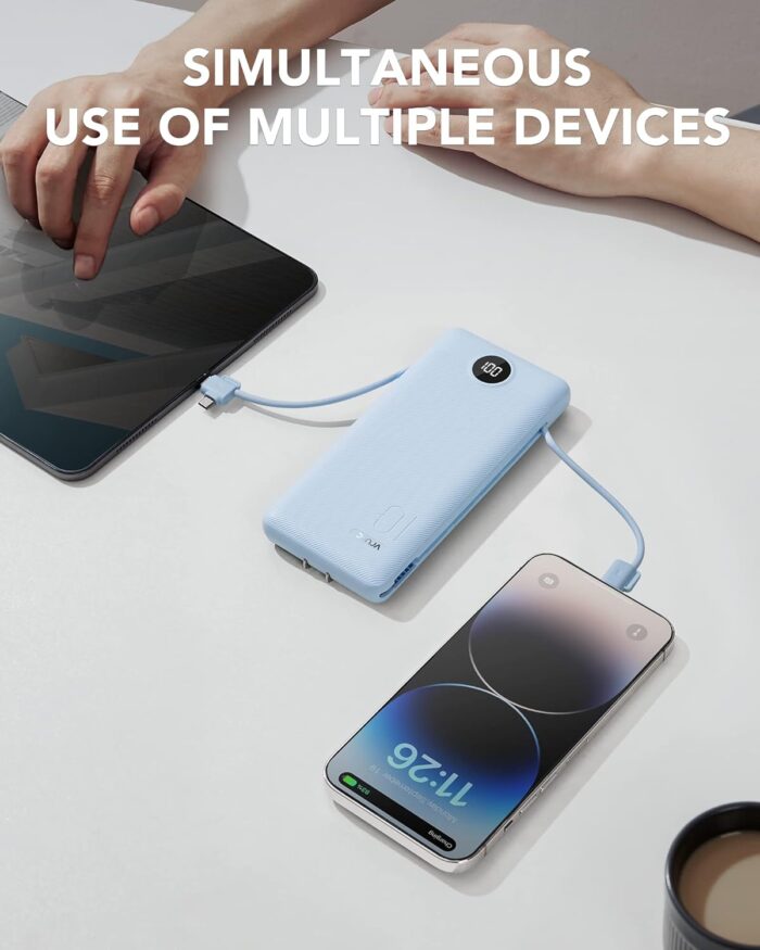 Power Bank Built-in Cables, VRURC 10000mAh Portable Charger USB C, Lightweight Charging Bank Built-in AC Plug, Replacement Battery Compatible with All Kinds of Cellphones, Tablet etc-Blue - Image 6