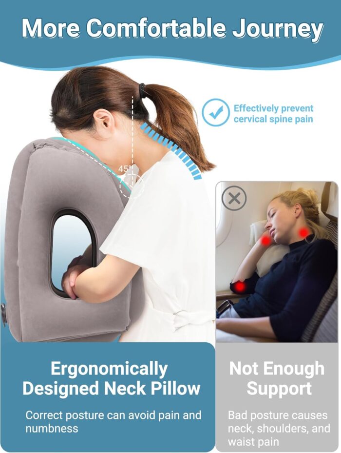 Maliton Inflatable Travel Pillow for Airplane Comfortable Sleeping to Relieve Neck and Shoulder Pain, Support Head Inflatable Pillow for Long Flights, Used for Airplanes, Cars, Trains, Office(Grey) - Image 3