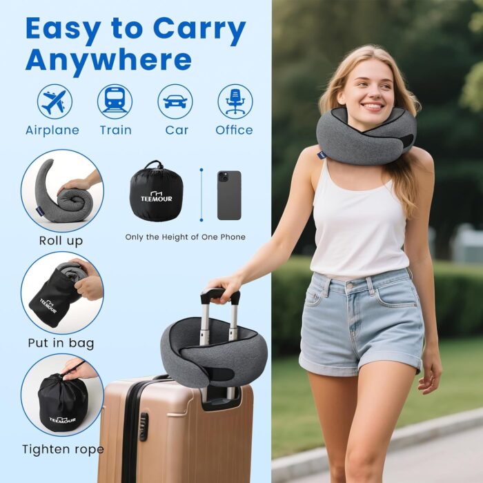 Travel Neck Pillow for Airplanes, Memory Foam Travel Pillow with Adjustable Velcro, Complete Set Includes 3D Eye Mask, Ear Plugs & Luxury Bag - Portable Gift for Travel Essentials Large（Grey） - Image 7
