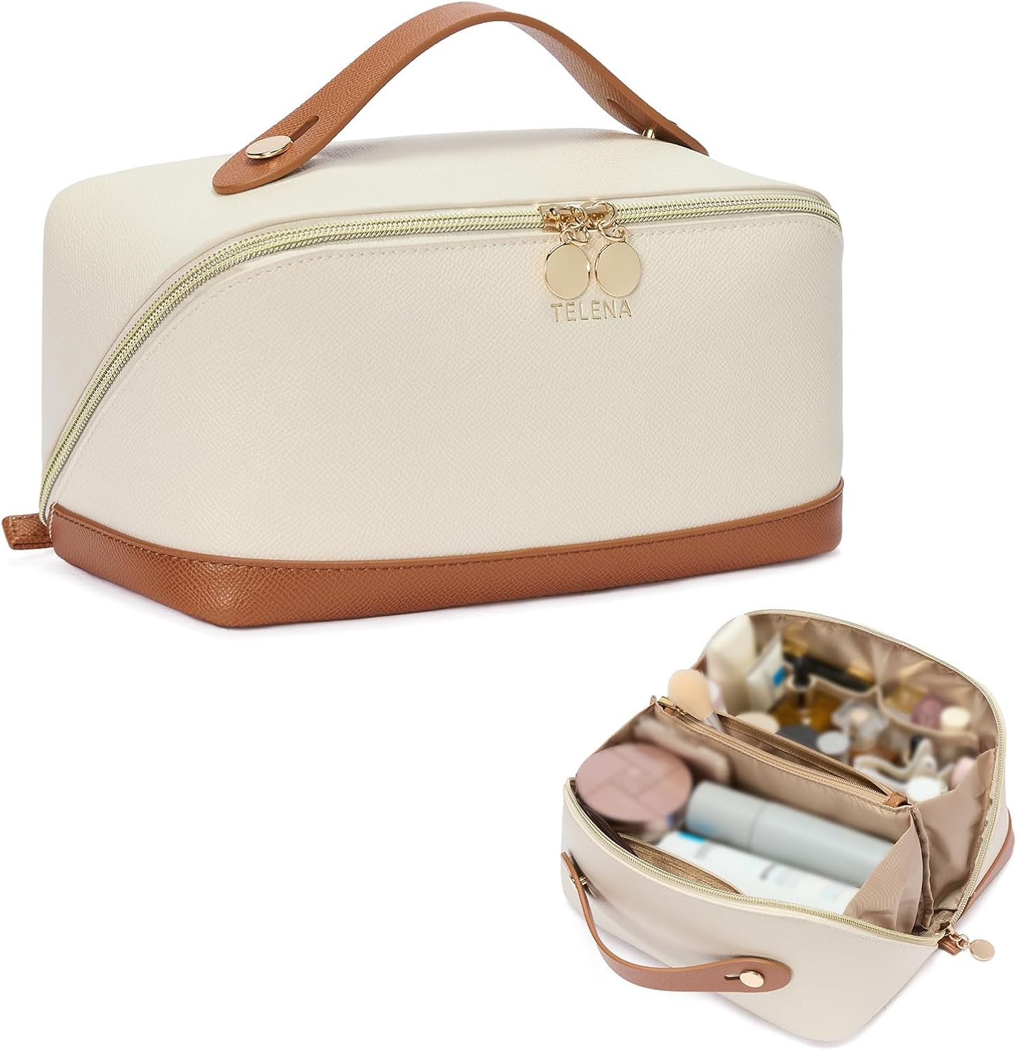 Telena Makeup Bag Large Capacity Travel Cosmetic Bag Portable PU Leather Waterproof Makeup Organizer Bags for Women with Handle and Divider Open Flat Beige with Brown