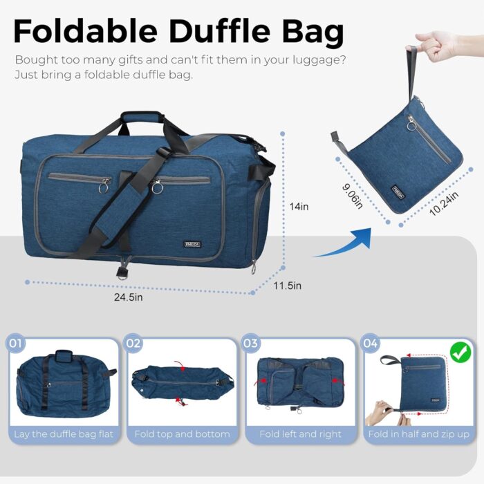 Fmeida 65L Foldable Travel Duffle Bag, Weekender Bags with Shoe Compartment for Men Women, 24" Sac de Voyage Femme Homme, Waterproof Gym Tote Overnight Duffel Luggage, Lightweight & Tear-Resistant - Image 3