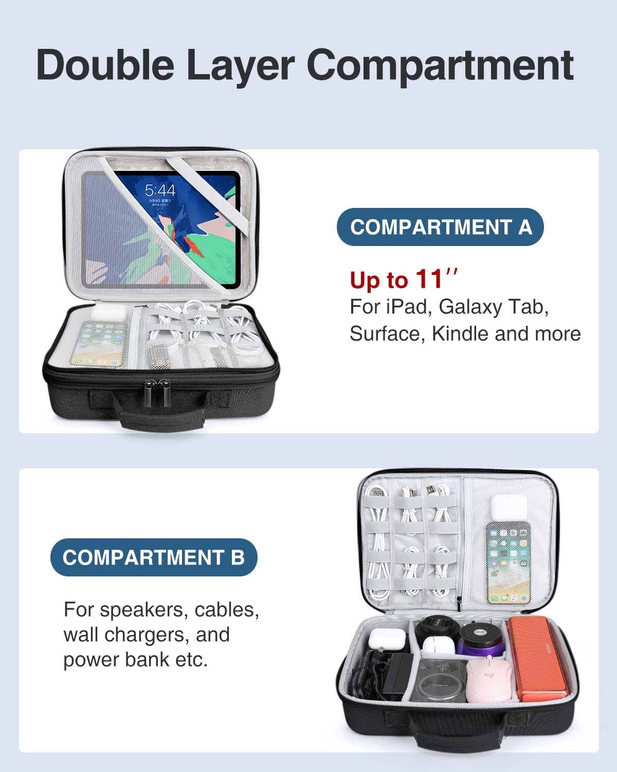 Luxtude EVA Hard Electronic Organizer, Portable Travel Cord Organizer, Cable Organizers Bag, Shockproof Carrying Case Hard Protective for iPad Pro(up to 11"), Hard Drives, Cable, Charger, USB (Large) - Image 3