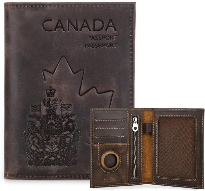 CONTACT'S Full Grain Leather Airtag Passport Holder RFID Blocking Travel Passport Wallet Slim Passport Cover Case with 4 Cards Slots, Coin Pocket (Badge, Brown)
