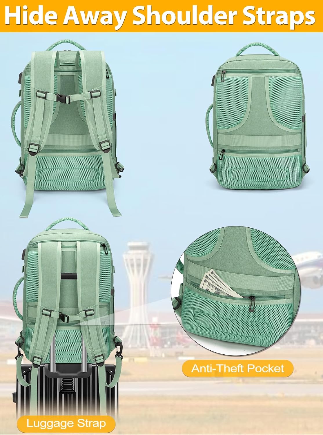 BAGODI Carry On Backpack for Men Women,42L Flight Approved Travel Backpack with 4 Packing Cubes,17Inch Laptop Backpack (A-Green (40L)) - Image 6