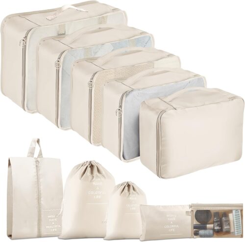 10 Set Packing Cubes for Suitcases, Packing Cubes Travel Essentials Organizer Bags, Travel Organizers (Beige)