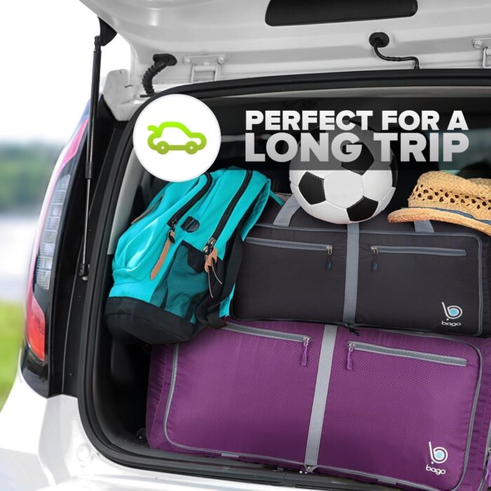 Bago Large Foldable Duffel Bags for Traveling Women & Men - 80L Packable Duffle Bag for Travel with Shoe Compartment - Water Repellant, Heavy Duty, Lightweight Folding & Collapsible (Purple) - Image 6