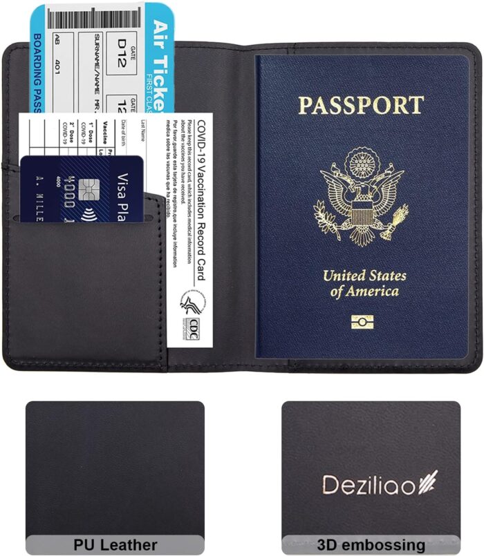Deziliao Passport and Vaccine Card Holder Combo, PU Leather Passport Holder with Vaccine Card Slot, Passport Wallet for Men and Women, Black, Minimalist - Image 2