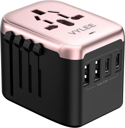 VYLEE Universal International Power Travel Plug Adapter, 5 in 1 European Travel Plug Adapter W/ 3.5A 2xUSB-A and 2xUSB C Wall Charger and Worldwide AC Outlet for Europe USA UK AUS Asia(Rose Gold)