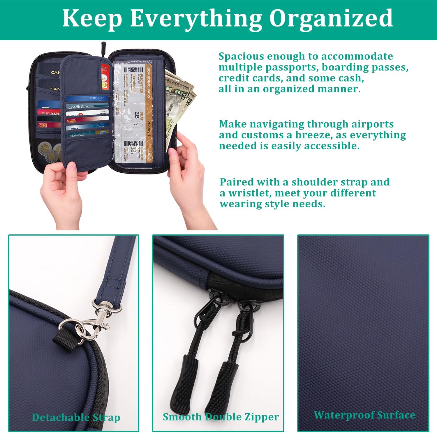 Passport Holder for Travel HADEEONG Blue Passport Travel Organizer Family Travel Document Organizer with RFID Blocking Passport Wallet Pouch for Men Women Airplane Cruise Travel Essentials - Image 5