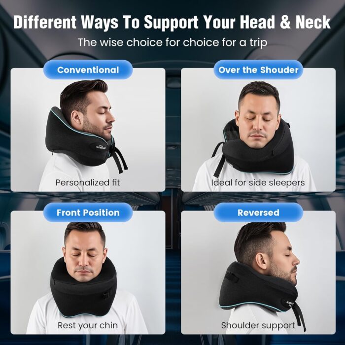 Travel Pillow, Neck Pillow Travel for Airplane- Super Soft Cover & Memory Foam Travel Neck Support Pillow, Ideal for Car/Train/Camping with Carry Bag, Airplane Travel Essentials-Black - Image 3