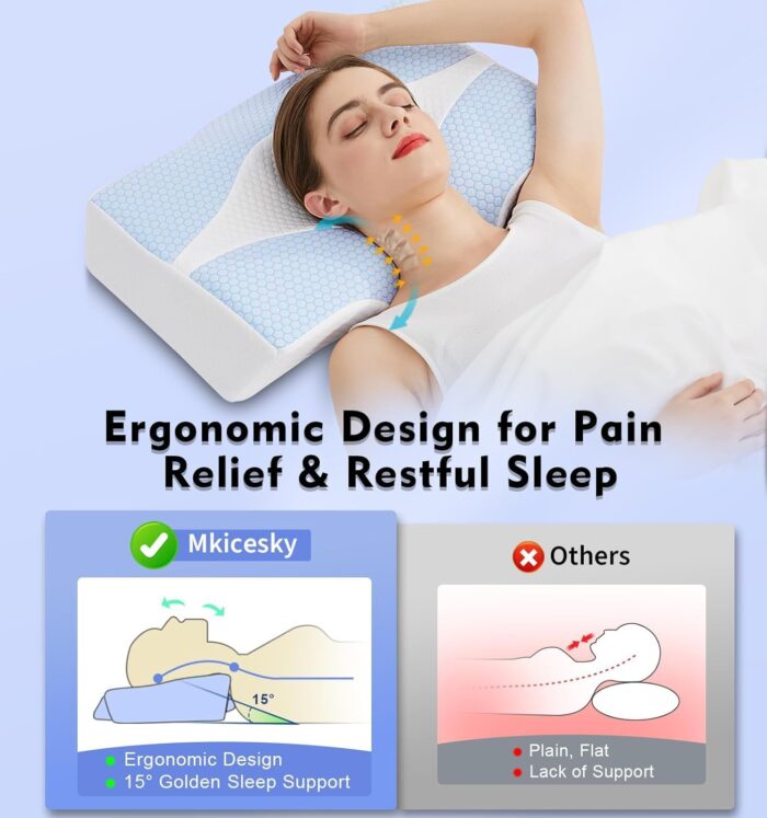 Mkicesky Orthopedic Memory Foam Pillow for Neck Shoulder Pain Relief - Ergonomic Neck Support Sleeping Pillow for Side, Back & Stomach Sleepers - Cervical Bed Pillow with Cooling Cover-Reading Pillow - Image 4