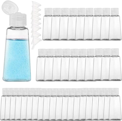 SOUJOY 40 Pack 2 oz Plastic Empty Bottles with Flip Cap, Clear Travel Size Bottles with 8 Transfer Funnels, Squeezable Portable Sample Lotion Container for Toiletries, Shampoo, Lotions, Creams
