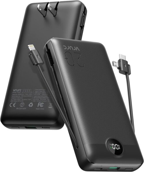 Portable Charger for iPhone 20000mAh, 22.5W USB C Fast Charging Power Bank, Portable Phone Charger with Built-in Cables & Wall Plug, 4 Output External Battery Pack for Smart Devices