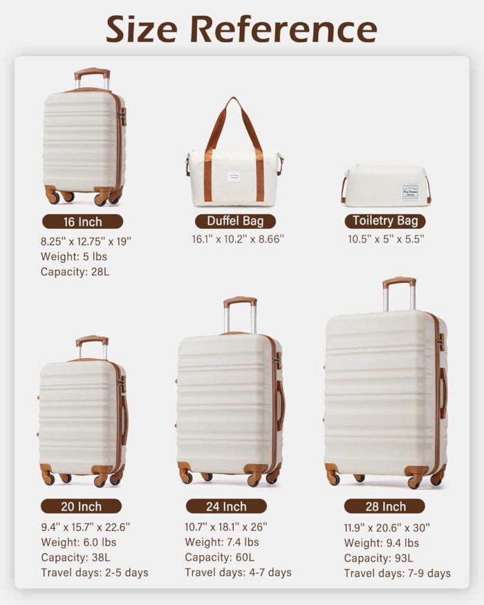 LONG VACATION Carry On Luggage Sets 3 Piece 20 Inch Suitcase Set, ABS+PC Hardshell Lightweight Travel Luggage with Spinner Wheels & YKK Zipper TSA Lock (White-Brown,20 INCH) - Image 8
