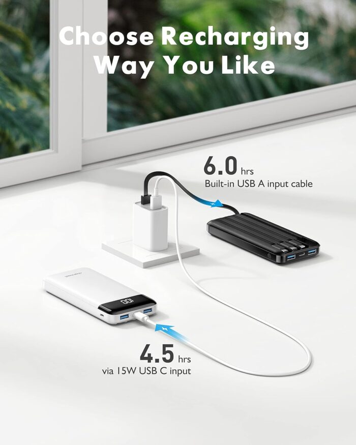 Charmast 2 Pack of Portable Chargers with Built in Cables, 2PCS Slim 10000mAh Travel Essentials Battery Pack 6 Outputs 3A Power Banks for iPhone Samsung Pixel LG Moto iPad (Black + White) - Image 6