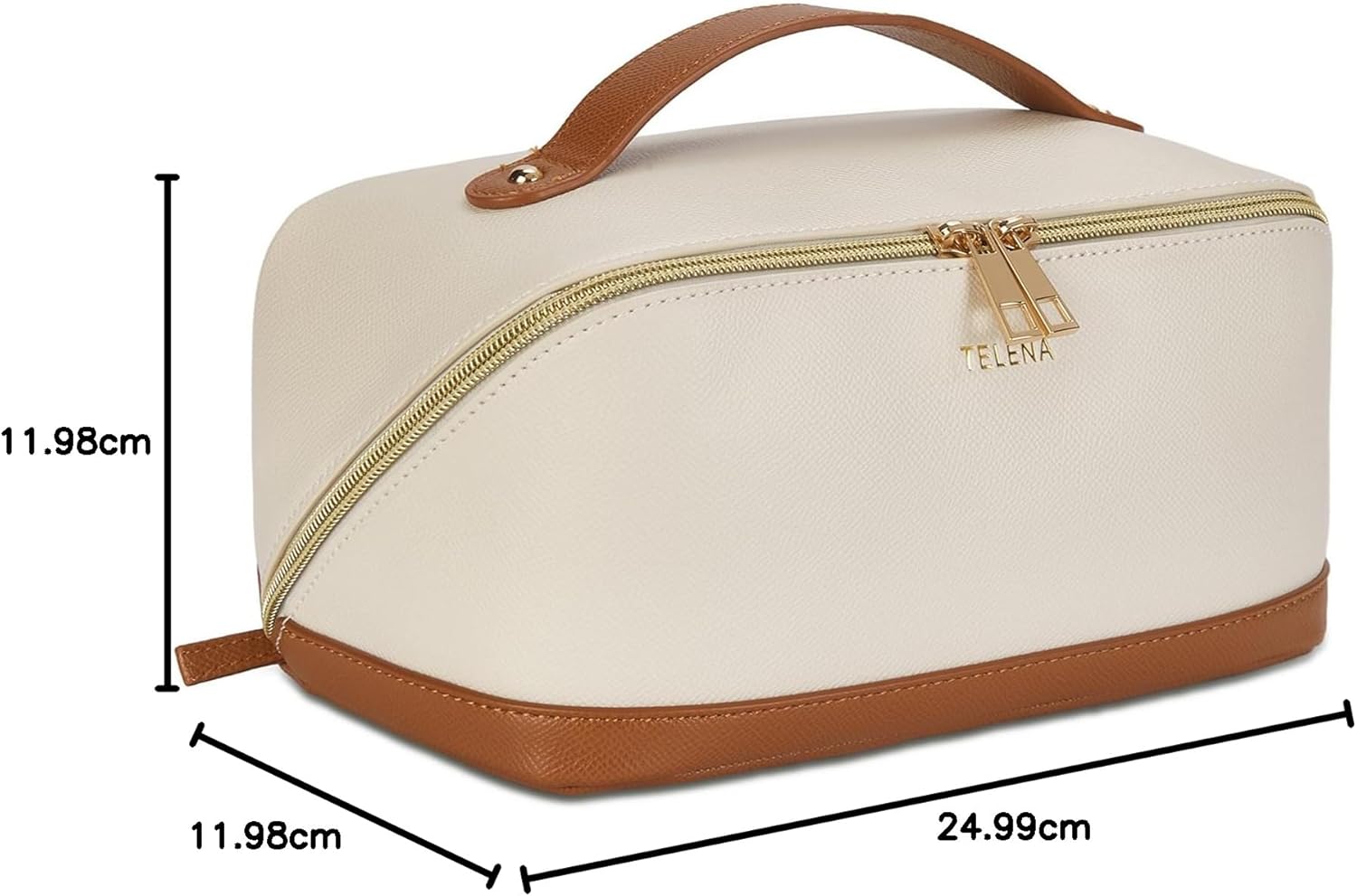 Telena Makeup Bag Large Capacity Travel Cosmetic Bag Portable PU Leather Waterproof Makeup Organizer Bags for Women with Handle and Divider Open Flat Beige with Brown - Image 9