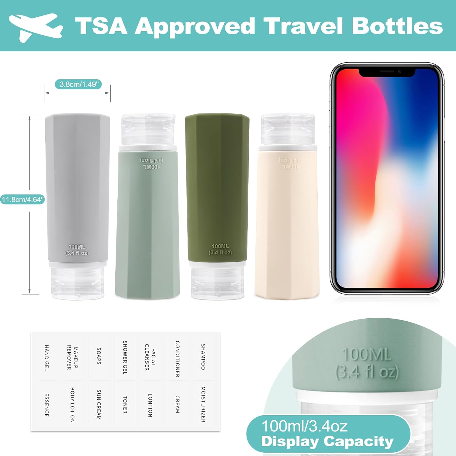 Opret 100ml Travel Bottles for Toiletries, 4 Pack 3.4oz Leak Proof Refillable Squeezable Travel Containers TSA Approved BPA Free Travel Size Bottles for Shampoos, Conditioner and Lotion - Image 2