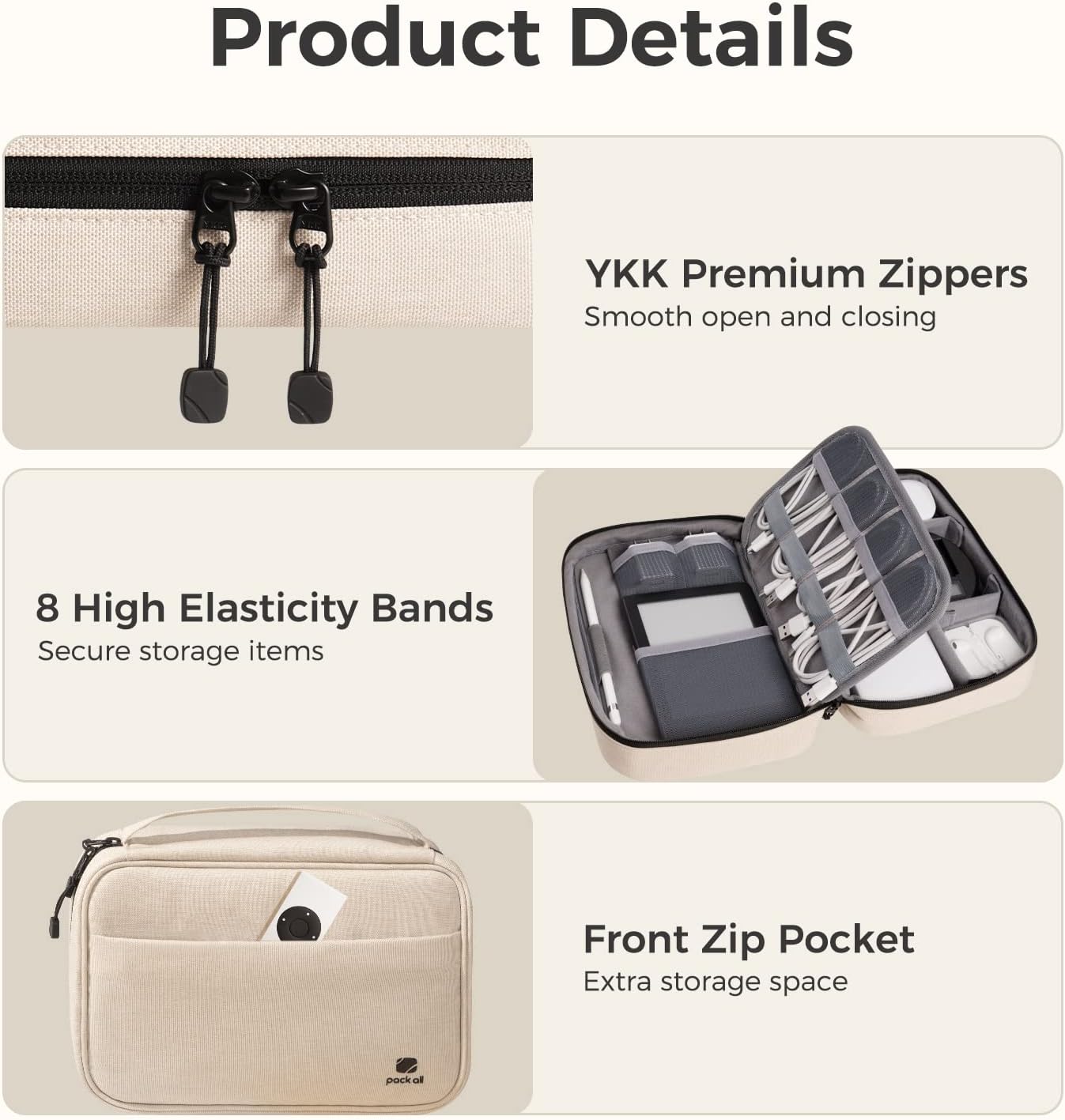 pack all Electronic Organizer Plus, Larger Capcity Cable Organizer Bag, Shockproof Carrying Case, Portable Cord Travel Organizer Storage Bag for Cables, Chargers, Phones, USB, SD Cards(Beige) - Image 6