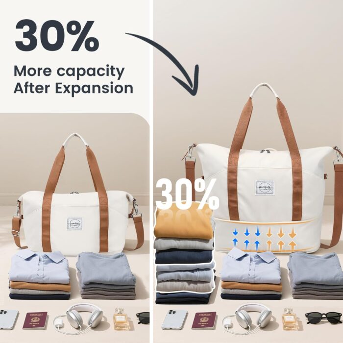 Travel Duffel Bag, Carry on Luggage Bag for Airplanes, Sports Gym Tote Bag for Women, Lightweight Weekender Overnight Shoulder Bag Waterproof Beach Hospital Bag (Beige) - Image 2