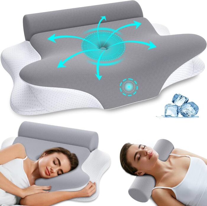 Cervical Pillow and Roll Neck Pillow 2 in 1 Detachable - Memory Foam Pillow, Ergonomic Pillow, Cervical Pillows for Sleeping, Side Sleeper Pillow for Neck Pain Relief (Gray & White)