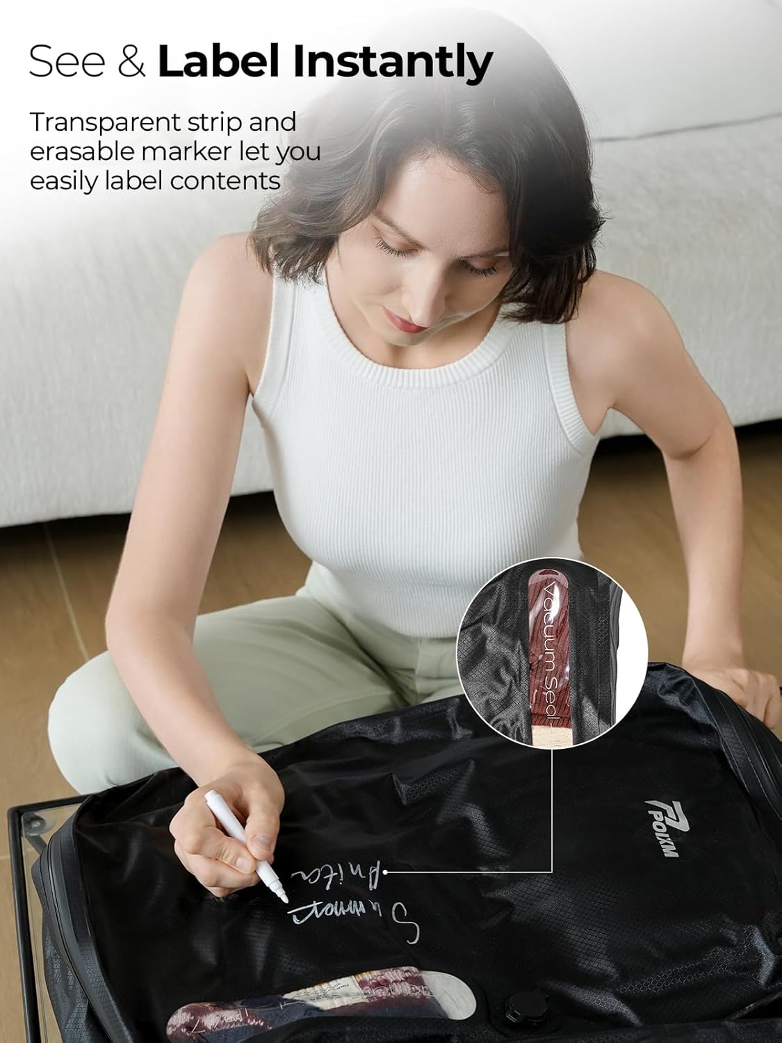 POIXM Vacuum Bags for Travel with Wireless Pump, 180° Open Zipper, IP67 Waterproof, Reusable Space Saver Compression Bags for Backpack, Suitcase, Home Storage(2 Pack + Pump) - Image 6