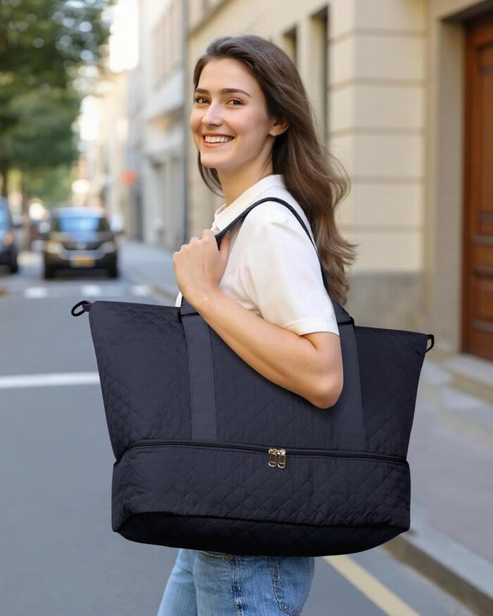 HOTOR Travel Duffel Bag - Large Weekender Bags for Women, Carry On Bag with Shoe Compartment, Overnight Bag with Toiletry Bag for Travel Essentials and Travel Accessories, Black, 34.0 x 45.0 x 20.0 cm - Image 2