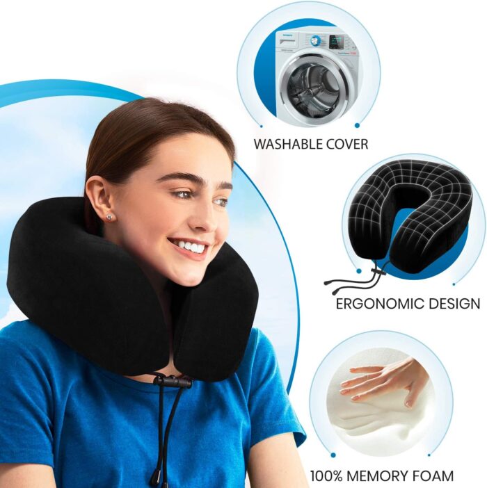 Everlasting Comfort Memory Foam Travel Pillow - Airplane Neck Rest & Plane Accessories (Black) - Image 6