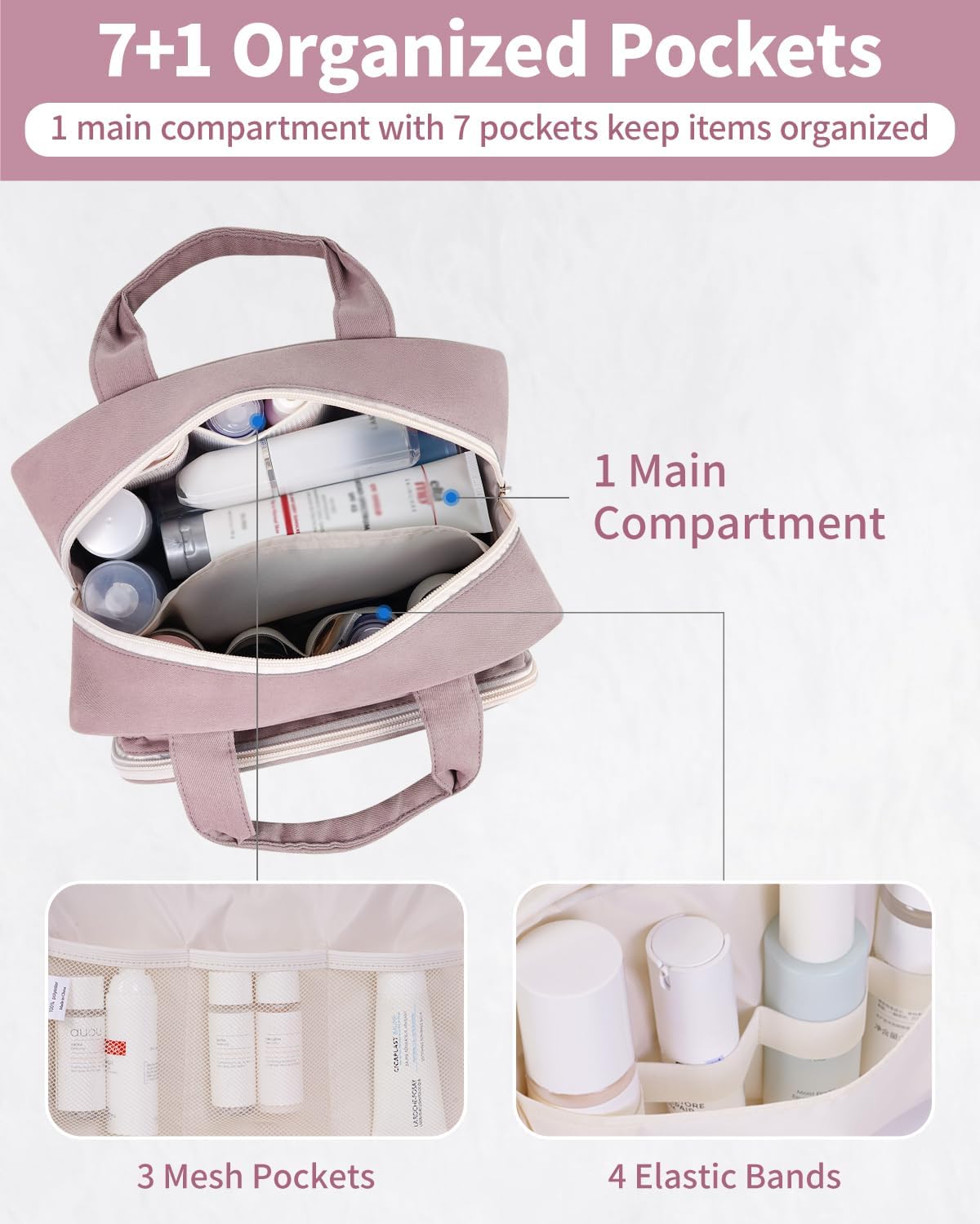 Narwey Full Size Toiletry Bag Women Travel Toiletries Bag Make Up Bag Large Cosmetic Makeup Organizer Bag for Travel Accessories Essentials (Dusty Rose) - Image 3