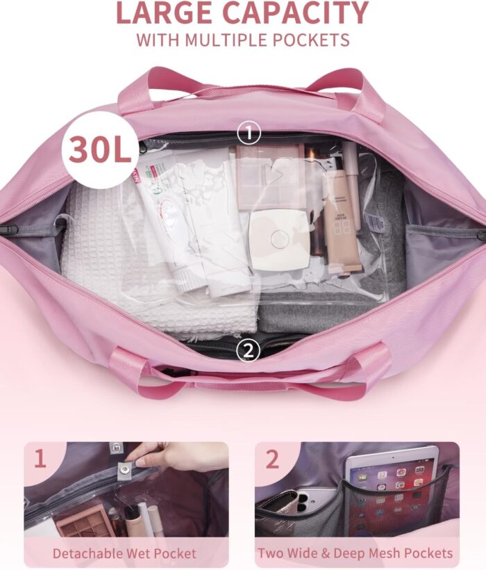 ECOHUB Travel Duffel Bag Carry on Luggage Bag for Airplanes Lightweight Weekender Overnight Shoulder Bag for Women Men Hospital Bag with Trolley Sleeve 30L Pink - Image 3