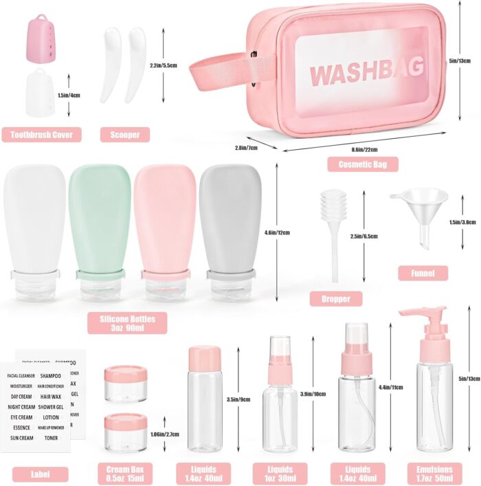 18 Pcs Travel Bottles for Toiletries Gym TSA Approved, Leak Proof with Bandage Silicone Squeezable 3oz for Toner Shampoo Conditioner Lotion Body Wash with Funnel Toothbrush Cover Tag and Wash Bag - Image 6