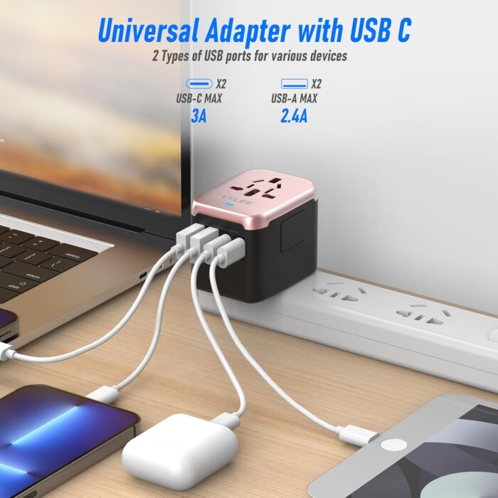 VYLEE Universal International Power Travel Plug Adapter, 5 in 1 European Travel Plug Adapter W/ 3.5A 2xUSB-A and 2xUSB C Wall Charger and Worldwide AC Outlet for Europe USA UK AUS Asia(Rose Gold) - Image 2