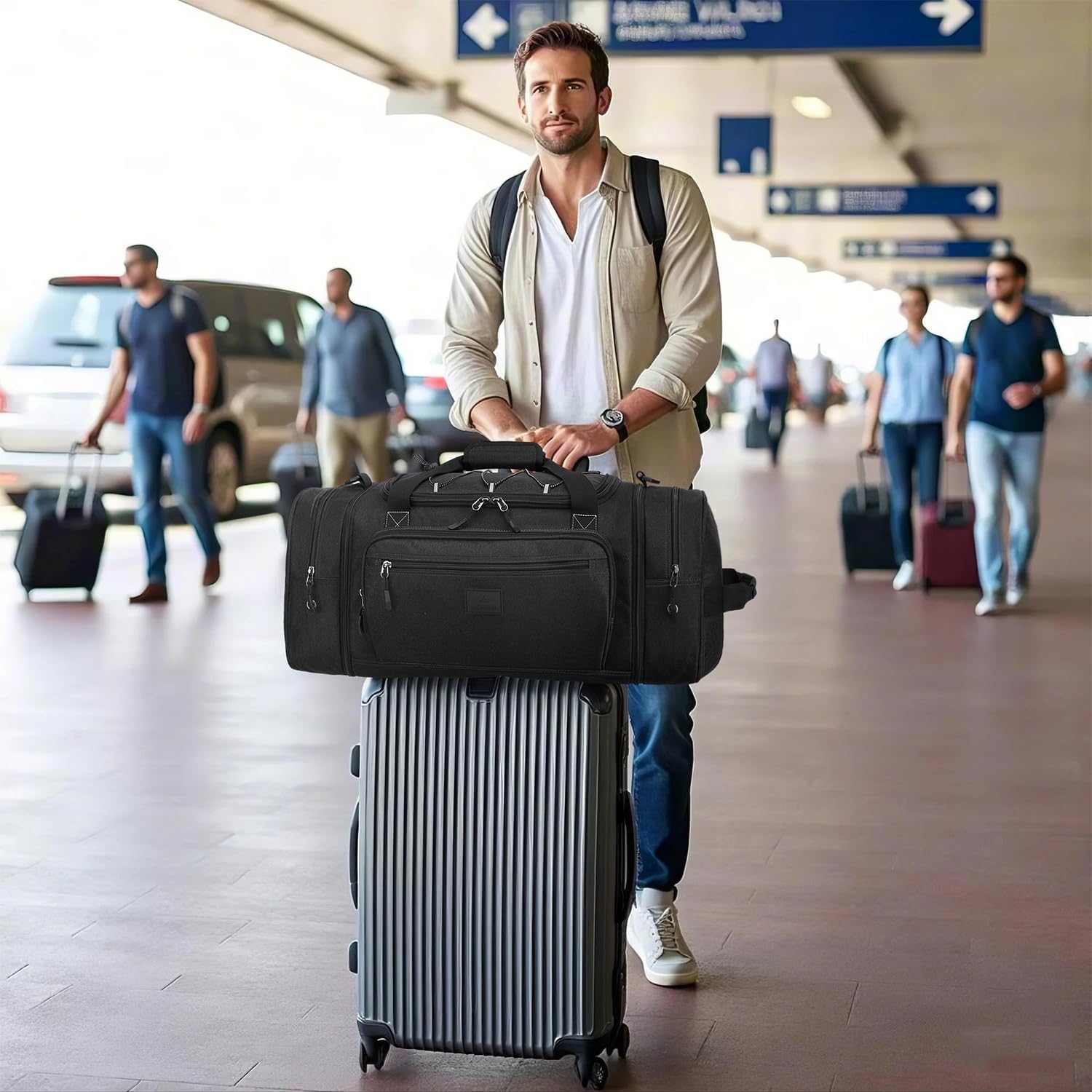 Laripwit Travel Duffle Bag Men with Elastic Mesh Expandable 45-50L Medium Sports Gym Duffel Bag Women with shoulder Strap Multifunctional for Fitness Weekender Overnight Traveling Business Trips Black - Image 7