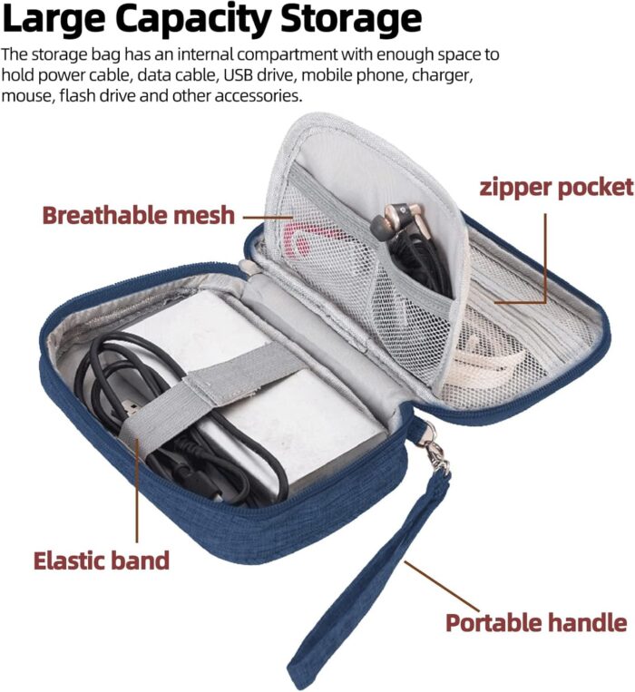 Cable Organizer Bag, Portable Electronic Organizer All-in-One Charger Organizer Pouch Waterproof Travel Cord Organizer Case for Cable Charger Earphone Power Banks Storage - Dark Blue - Image 3