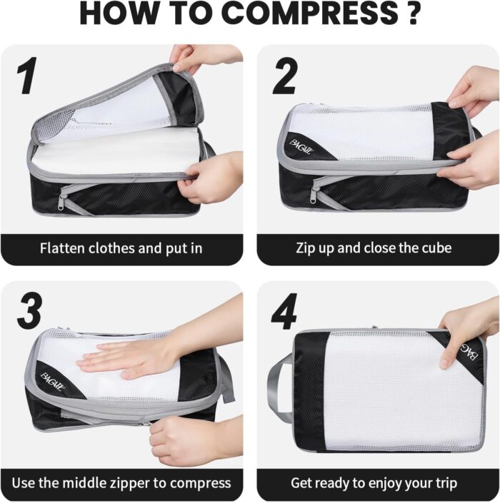 BAGAIL 6 Set/8 Set Compression Packing Cubes, Ultralight Expandable Packing Organizers for Carry on Travel Luggage(6set Black) - Image 4