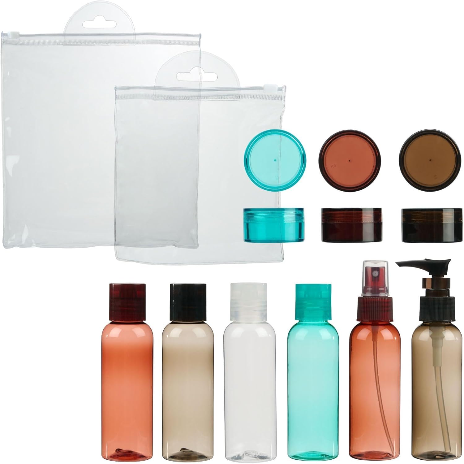 Eco Go 10pc travel set for toiletries, TSA and carry-on approved for shampoo & skin care, includes 5 x 100mL bottles, 1x 100mL pump, 1 x 100mL spray bottle, and 3 x 11mL jars. Beautiful colors (amber, turquoise, brown and clear). BPA-free.