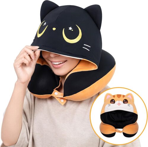 Travel Neck Pillow for Kids & Adults with Hood – Double-Sided Airplane Pillow,Cute Design,Cooling Ice Silk & Soft Velvet,Memory Foam Support,Adjustable Strap,Easy to Clean for Travel & Long Flights