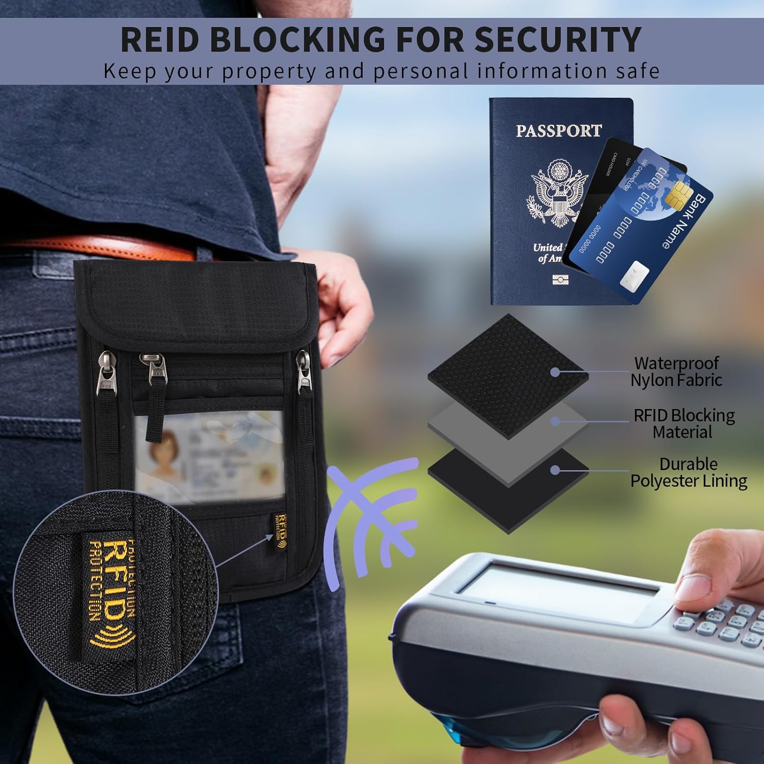 Lyvrooz Neck Wallet Travel Pouch RFID Blocking Passport Holder Waterproof Neck Pouch Credit Card organizer Case with Adjustable Strap Travel Security Bag for Your Money Credit Cards Cell Phones, - Image 5