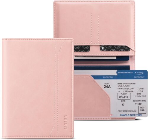 VULKIT Passport Holder for Travel, RFID Blocking Passport Cover, Slim Travel Wallet for Men & Women, Dusty Pink