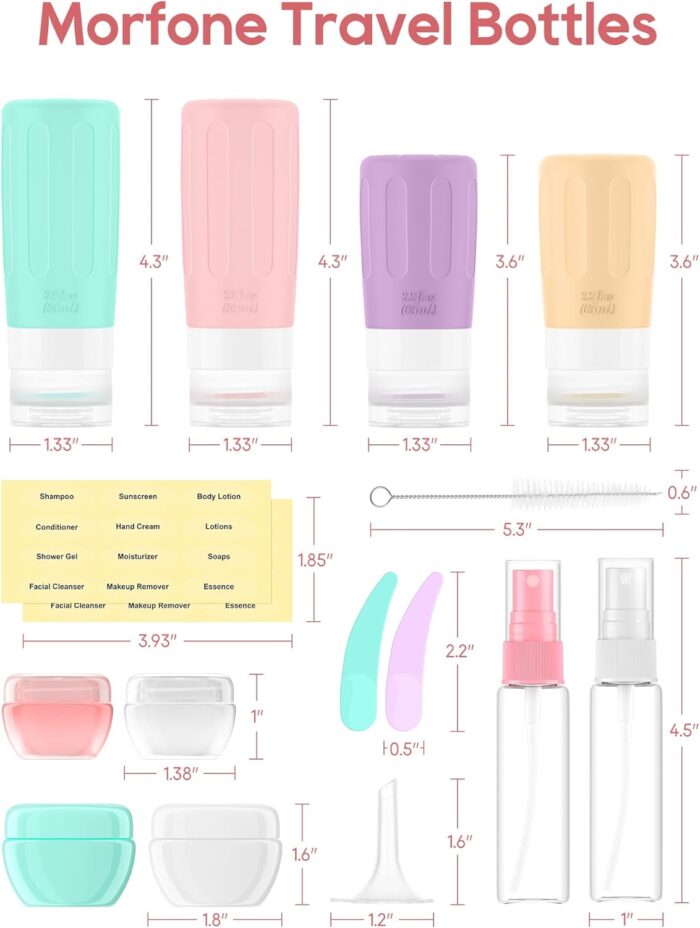 16 Pack Travel Bottles Set for Toiletries, Morfone TSA Approved Travel Containers Leak Proof Silicone Squeezable Travel Accessories 2oz 3oz for Shampoo Conditioner Lotion Body Wash (BPA Free) - Image 7