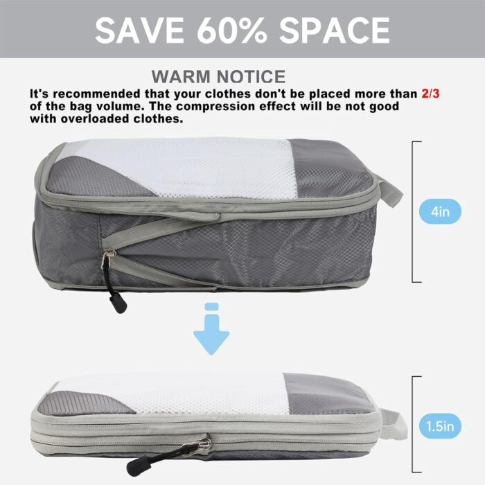 SYCARON Compression Packing Cubes for Travel, 7 Piece Travel Packing Organizers Bags Mesh Expandable Luggage Organizer Cubes for Carry on Luggage with Laundry Bag, Shoes Bag, Underwear Bag, Grey - Image 2