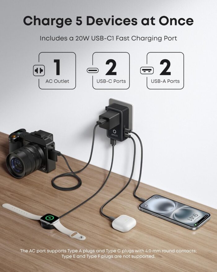 Anker Nano European Travel Plug Adapter, 5-Port Fordable Travel Adapter with 1AC 2USB-A 2USB-C Ports,Temperature Control, Essentials for Over 200 Countries, Ideal for Travel (1-Pack) (Black) - Image 3