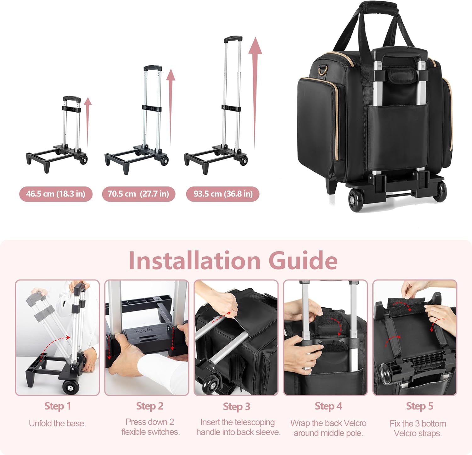 Prokva Rolling Makeup Case with 4 Removable Bags, Professional Makeup Train Case with Wheels, Makeup Artist Travel Bag with Brushes Storage Section, Black (Patent Design) - Image 5